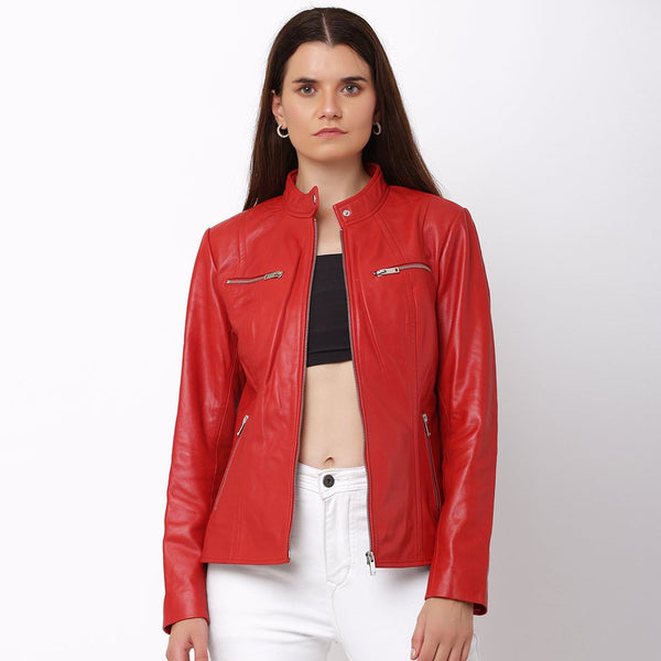 Primehide Women’s Red Leather Biker Jacket – Celine