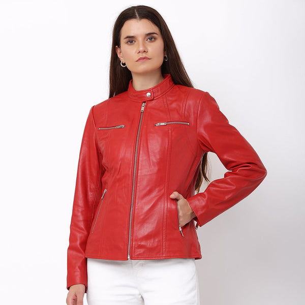 primehide Women’s Red Leather Biker Jacket – Celine
