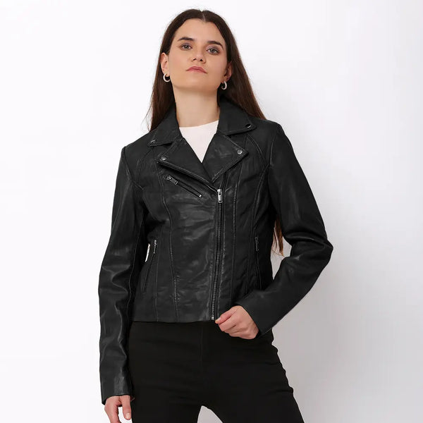 primehide Women's Black Leather Asymmetric Biker Jacket – Yvonne