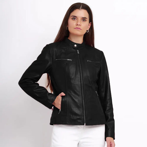 primehide Women’s Black Leather Biker Jacket – Celine