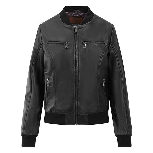 primehide Women's Black Leather Bomber Jacket - Gabby