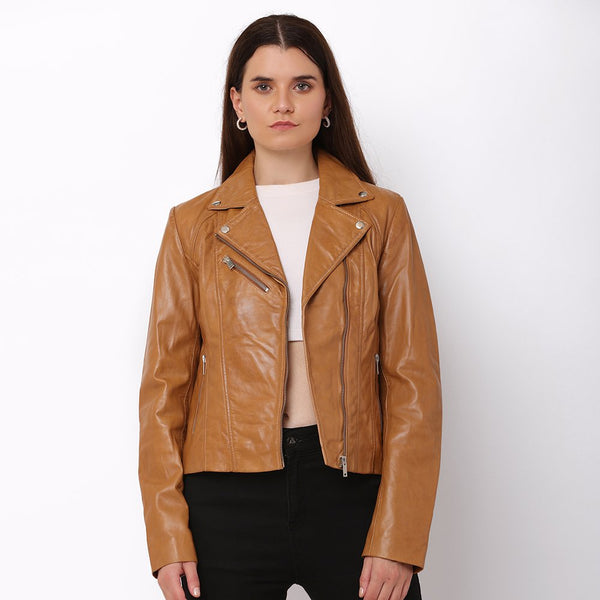 Primehide Women's Brown Leather Asymmetric Biker Jacket – Yvonne