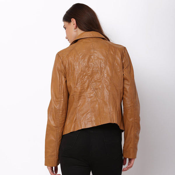 Primehide Women's Brown Leather Asymmetric Biker Jacket – Yvonne