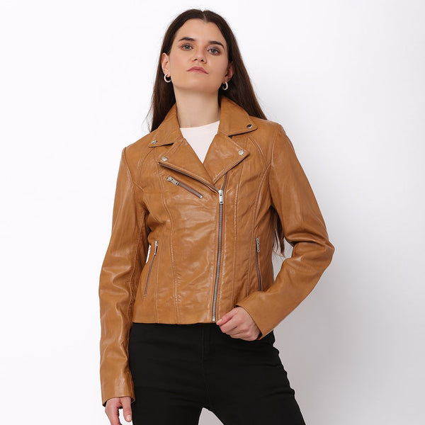 primehide Women's Brown Leather Asymmetric Biker Jacket – Yvonne