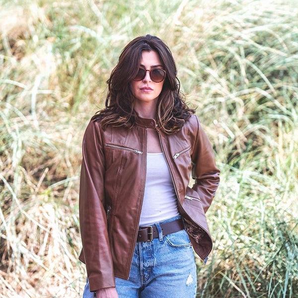 Primehide Women’s Brown Leather Biker Jacket – Celine