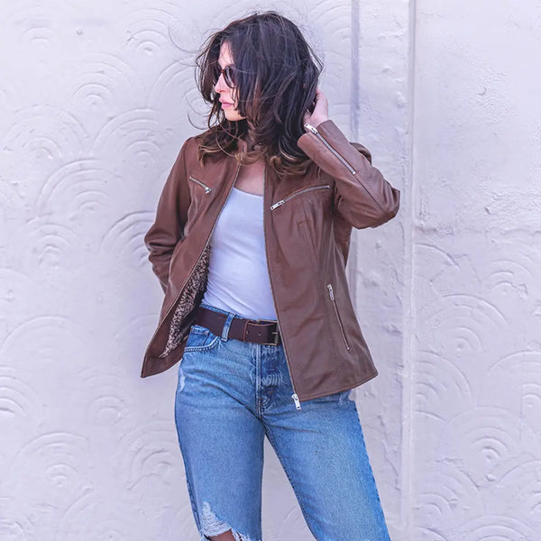 primehide Women’s Brown Leather Biker Jacket – Celine