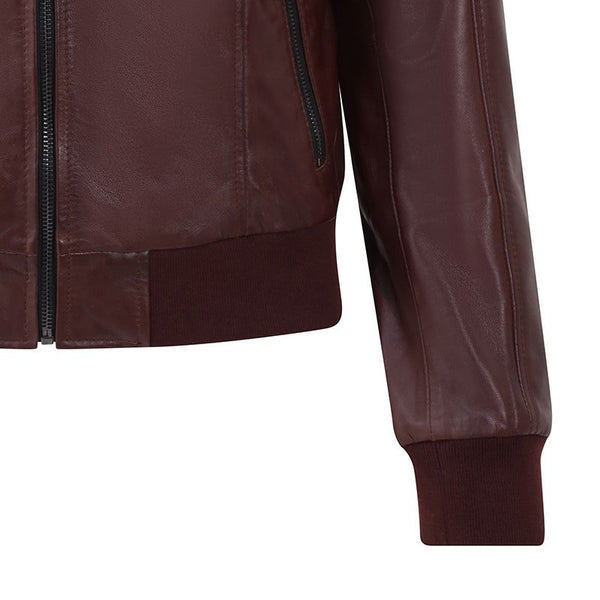 Primehide Women's Burgundy Leather Bomber Jacket - Gabby