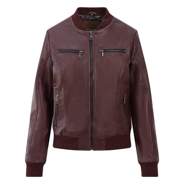 primehide Women's Burgundy Leather Bomber Jacket - Gabby
