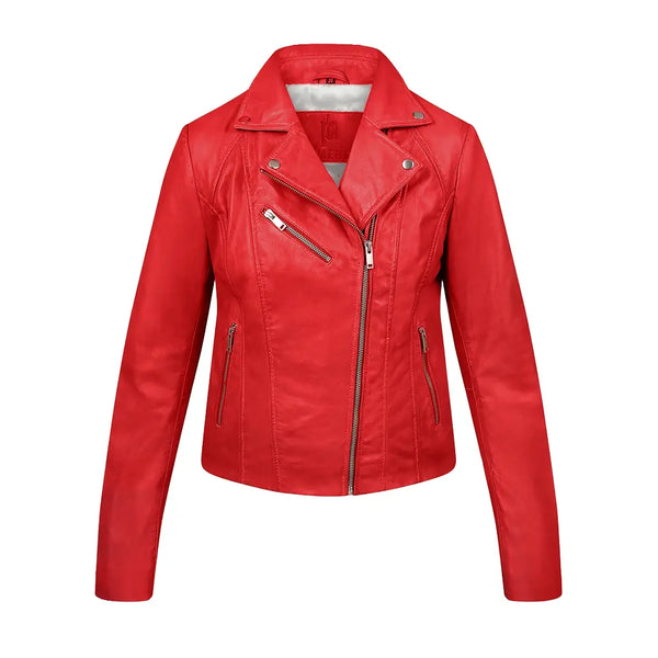 Primehide Women's Red Leather Asymmetric Biker Jacket – Yvonne