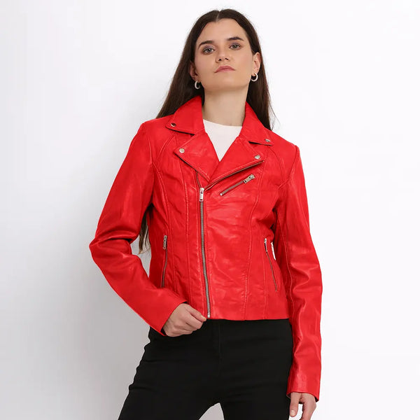 primehide Women's Red Leather Asymmetric Biker Jacket – Yvonne