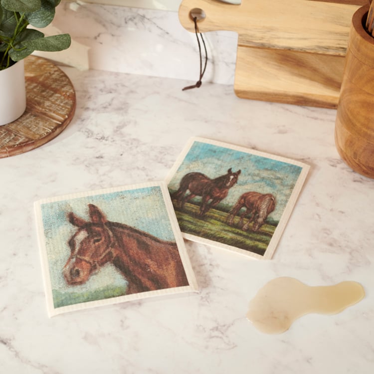 Primitives By Kathy Grazing Horses Swedish Dishcloth Set