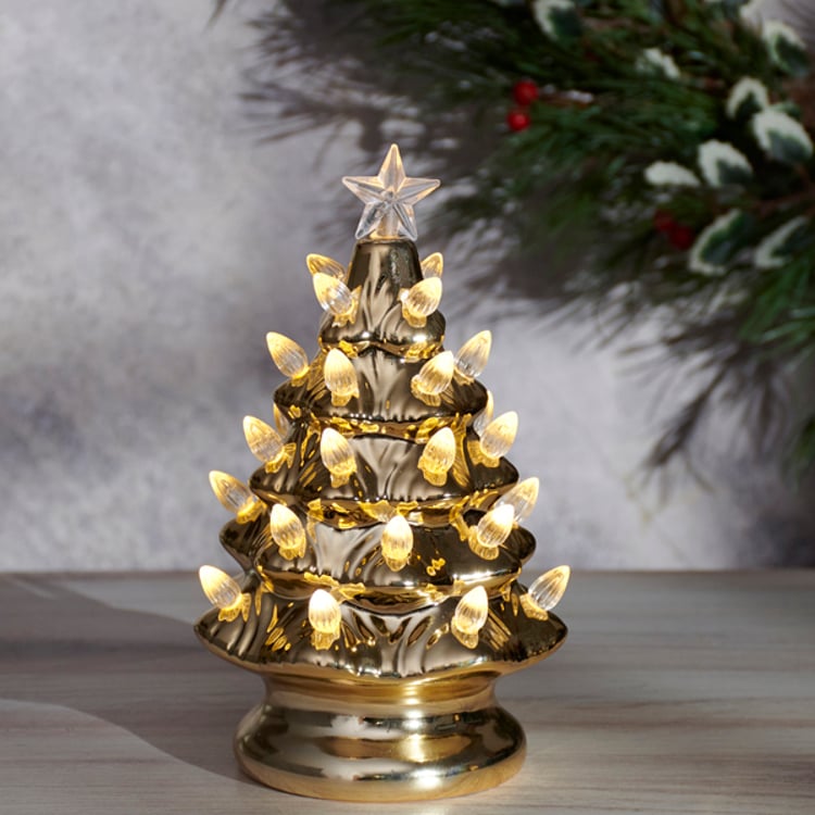 Primitives By Kathy Lighted Gold Ceramic Christmas Tree