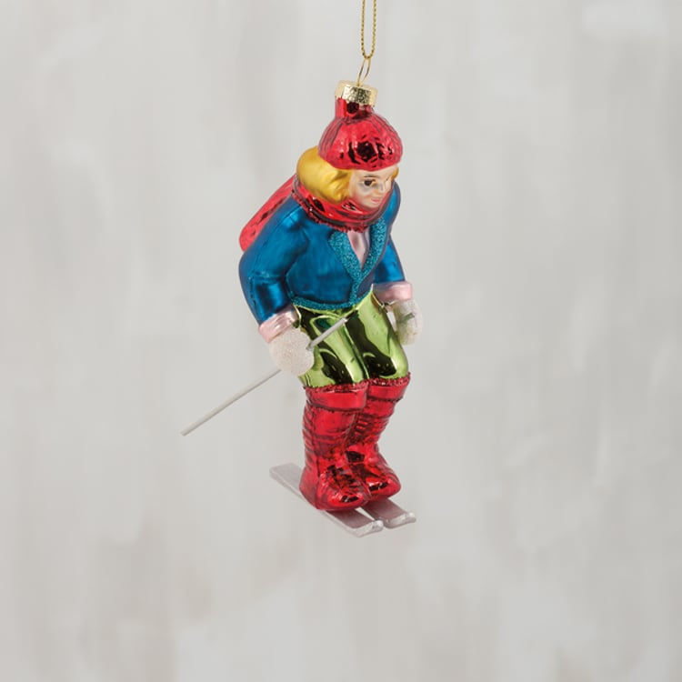 primitives by kathy Blue Skier Glass Ornament