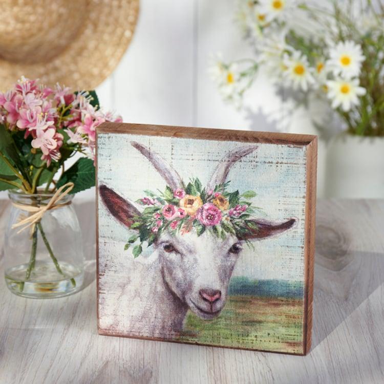 Primitives By Kathy Floral Crown Goat Block Sign