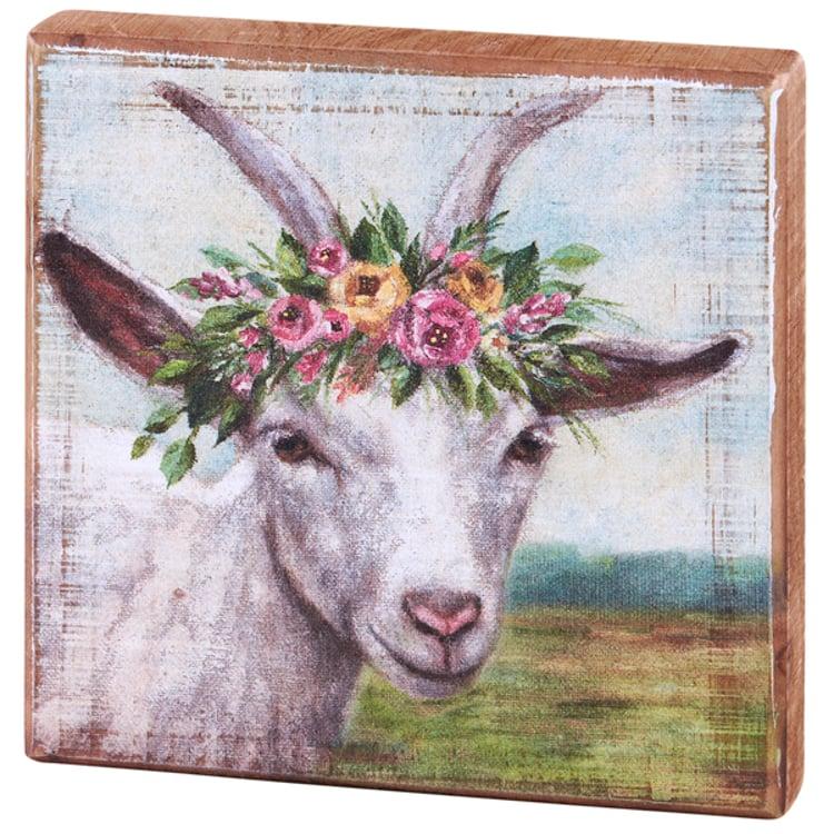 primitives by kathy Floral Crown Goat Block Sign