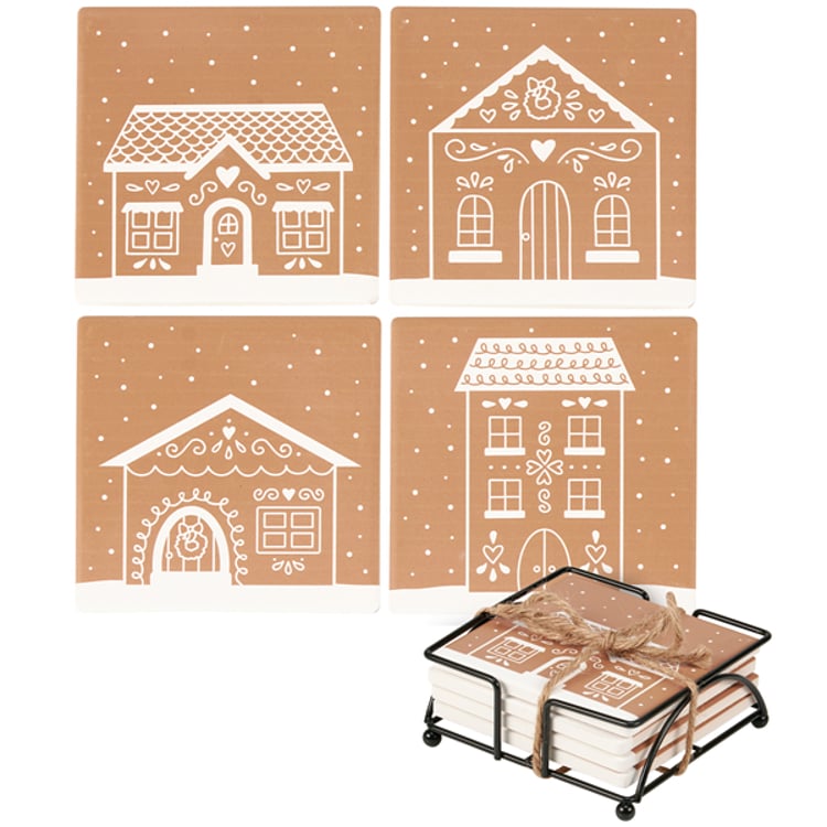 primitives by kathy Gingerbread House Coaster Set