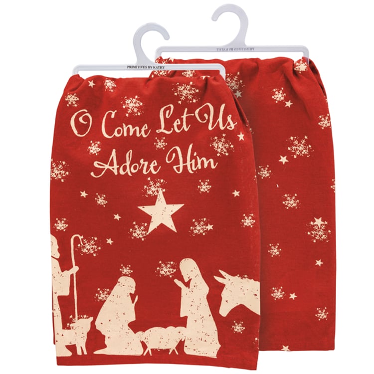 primitives by kathy Let Us Adore Him Kitchen Towel