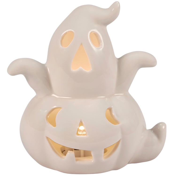 primitives by kathy Lighted Ghost Pumpkin Figurine