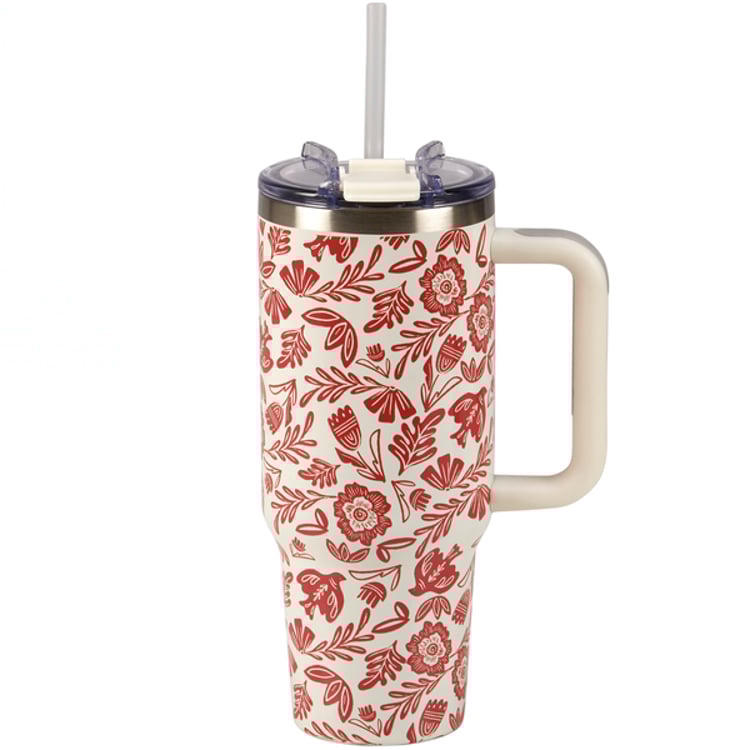 primitives by kathy Red Folk Floral Travel Mug