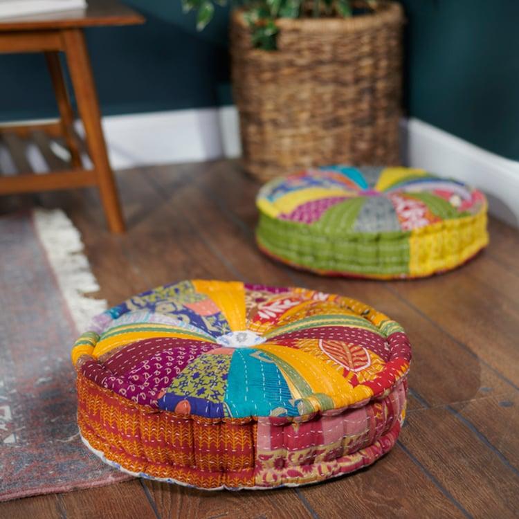 Primitives By Kathy Round Kantha Floor Pillow