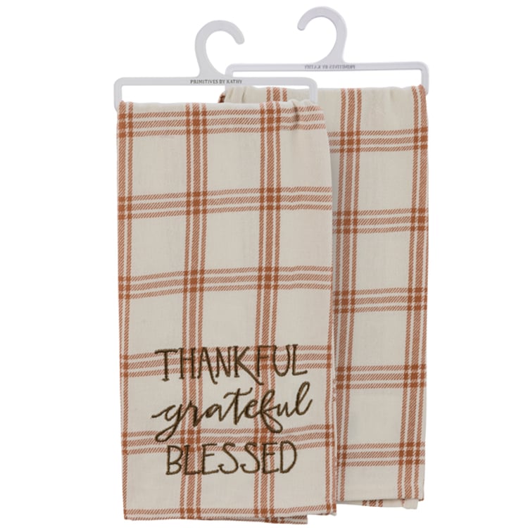 primitives by kathy Thankful Grateful Blessed Plaid Kitchen Towel