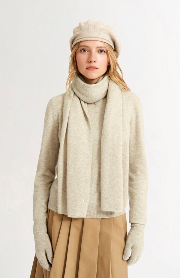 pringle of scotland Cashmere Beret In Oatmeal With Lion Embroidery