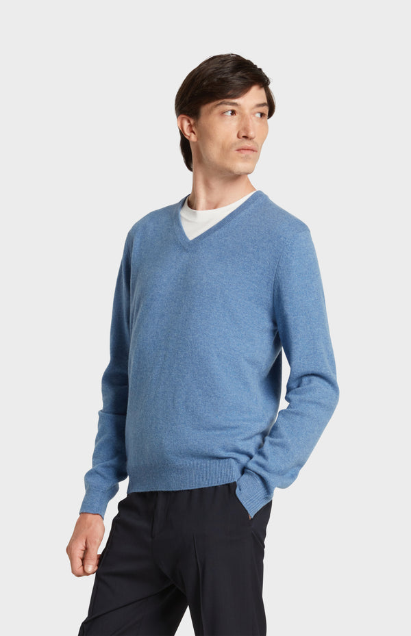 pringle of scotland Men's Classic V Neck Cashmere Jumper In Blue Melange