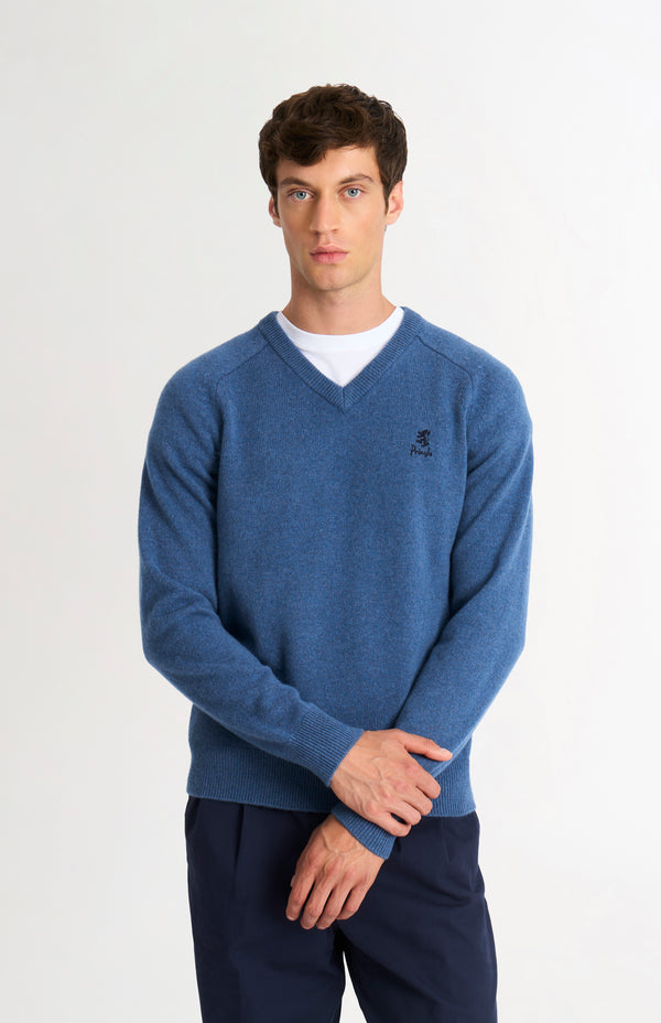 pringle of scotland Men's Classic V-neck Supersoft Lambswool Jumper In Bering Sea Blue
