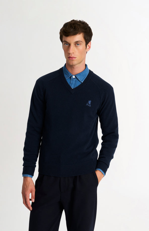 pringle of scotland Men's Classic V-neck Supersoft Lambswool Jumper In Navy Blue