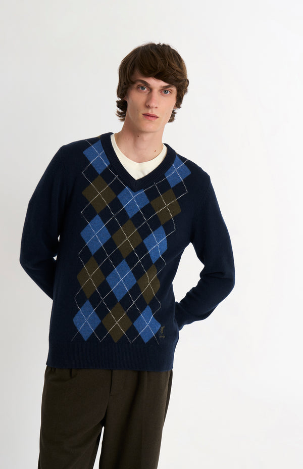 Pringle Of Scotland Men's Kessock V-neck Supersoft Lambswool Argyle Jumper In Navy / Blue / Olive
