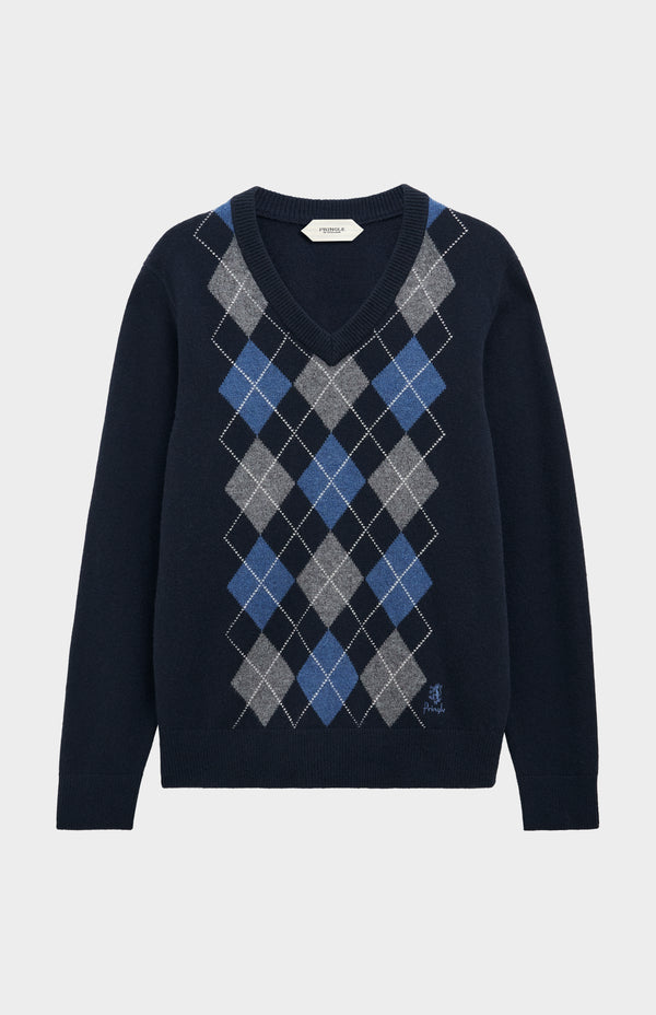 Pringle Of Scotland Men's Kessock V-neck Supersoft Lambswool Argyle Jumper In Navy / Sea Blue / Grey Melange