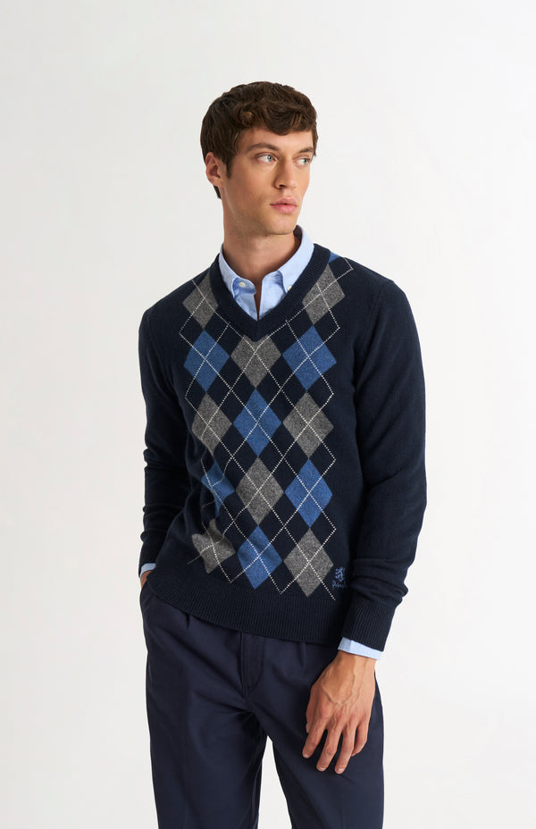 Pringle Of Scotland Men's Kessock V-neck Supersoft Lambswool Argyle Jumper In Navy / Sea Blue / Grey Melange