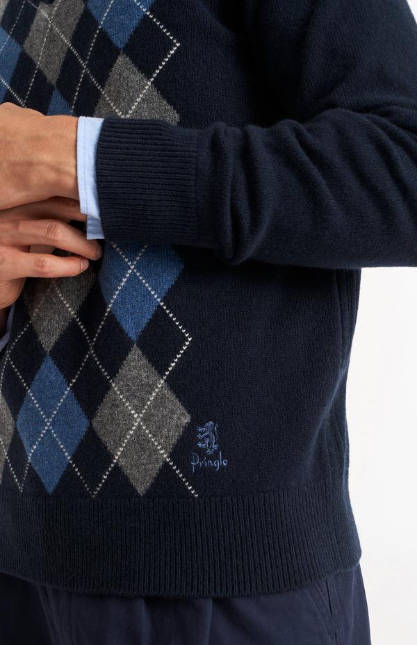 Pringle Of Scotland Men's Kessock V-neck Supersoft Lambswool Argyle Jumper In Navy / Sea Blue / Grey Melange