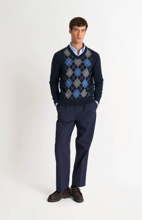 pringle of scotland Men's Kessock V-neck Supersoft Lambswool Argyle Jumper In Navy / Sea Blue / Grey Melange