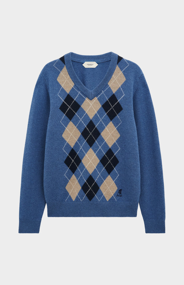 Pringle Of Scotland Men's Kessock V-neck Supersoft Lambswool Argyle Jumper In Blue / Mushroom / Navy