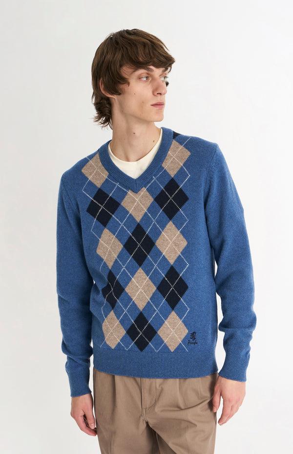 Pringle Of Scotland Men's Kessock V-neck Supersoft Lambswool Argyle Jumper In Blue / Mushroom / Navy