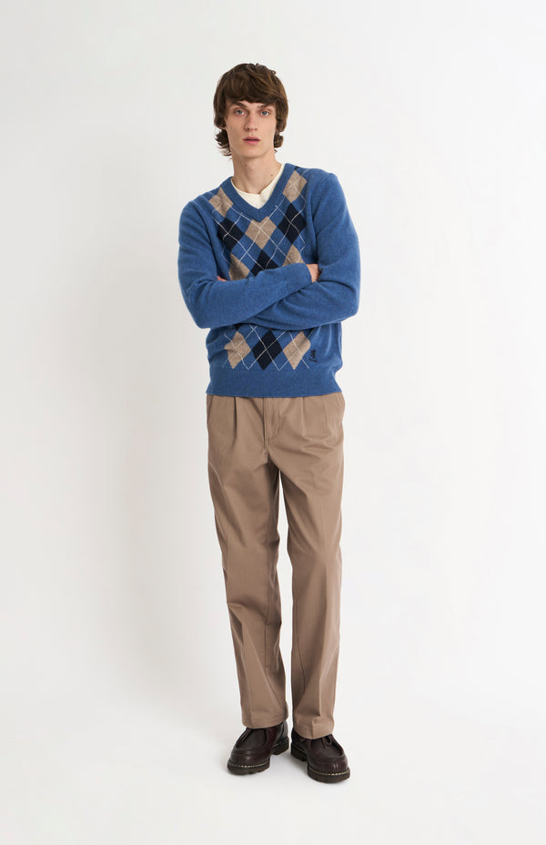 pringle of scotland Men's Kessock V-neck Supersoft Lambswool Argyle Jumper In Blue / Mushroom / Navy