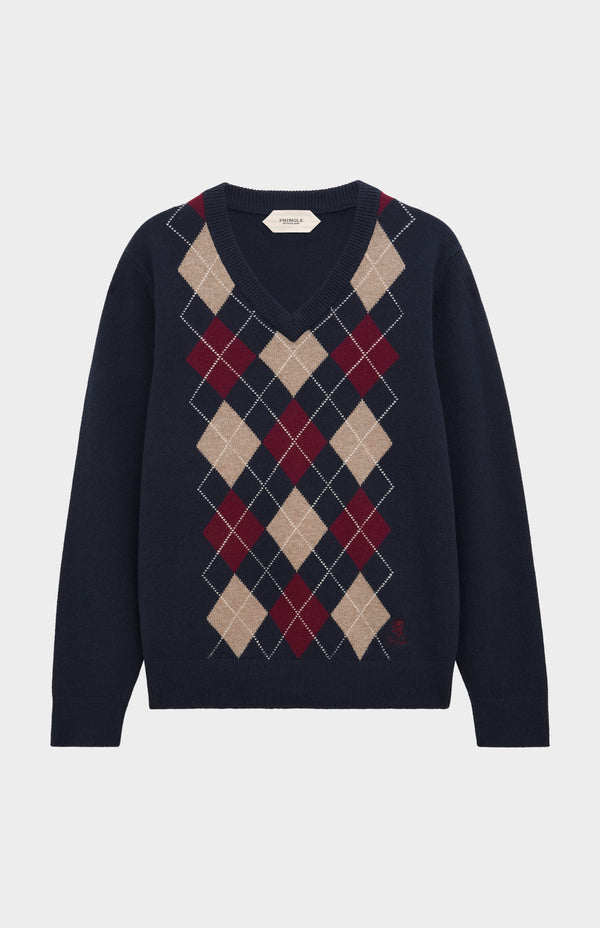 Pringle Of Scotland Men's Kessock V-neck Supersoft Lambswool Argyle Jumper In Navy / Mushroom / Burgundy