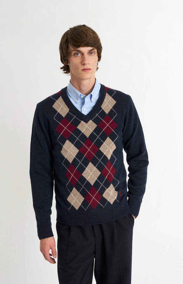Pringle Of Scotland Men's Kessock V-neck Supersoft Lambswool Argyle Jumper In Navy / Mushroom / Burgundy