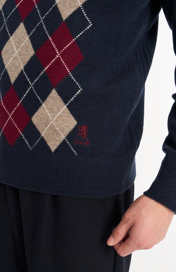 Pringle Of Scotland Men's Kessock V-neck Supersoft Lambswool Argyle Jumper In Navy / Mushroom / Burgundy