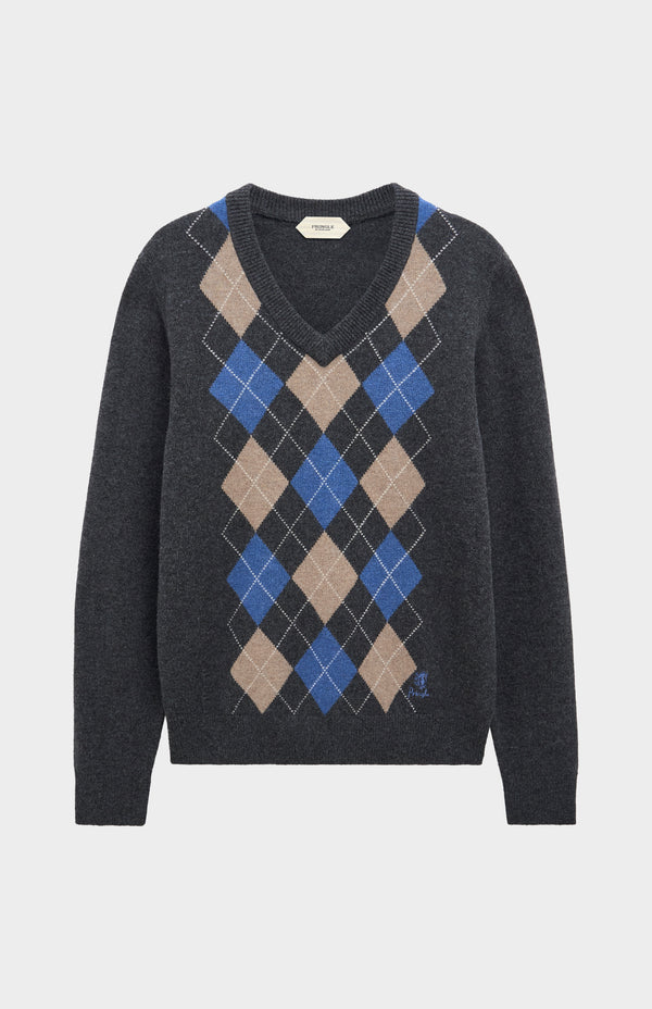 Pringle Of Scotland Men's Kessock V-neck Supersoft Lambswool Argyle Jumper In Charcoal / Blue / Mushroom