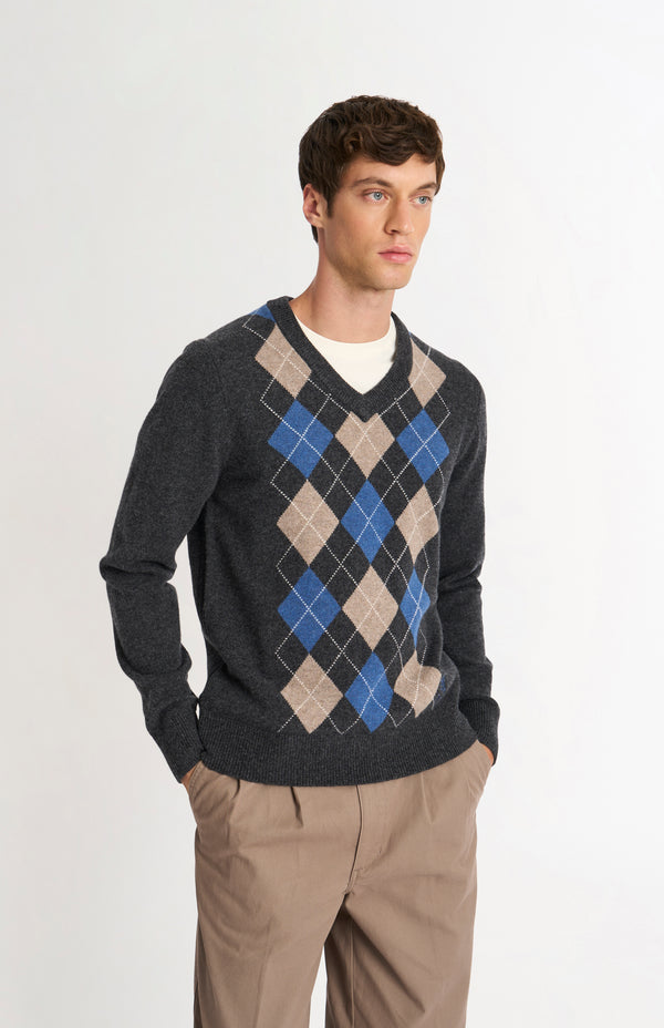pringle of scotland Men's Kessock V-neck Supersoft Lambswool Argyle Jumper In Charcoal / Blue / Mushroom