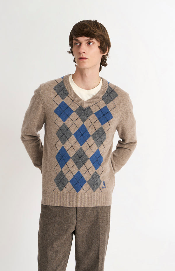 Pringle Of Scotland Men's Kessock V-neck Supersoft Lambswool Argyle Jumper In Mushroom / Blue / Grey