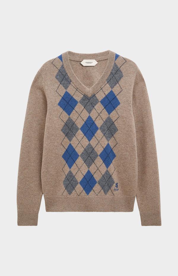 pringle of scotland Men's Kessock V-neck Supersoft Lambswool Argyle Jumper In Mushroom / Blue / Grey