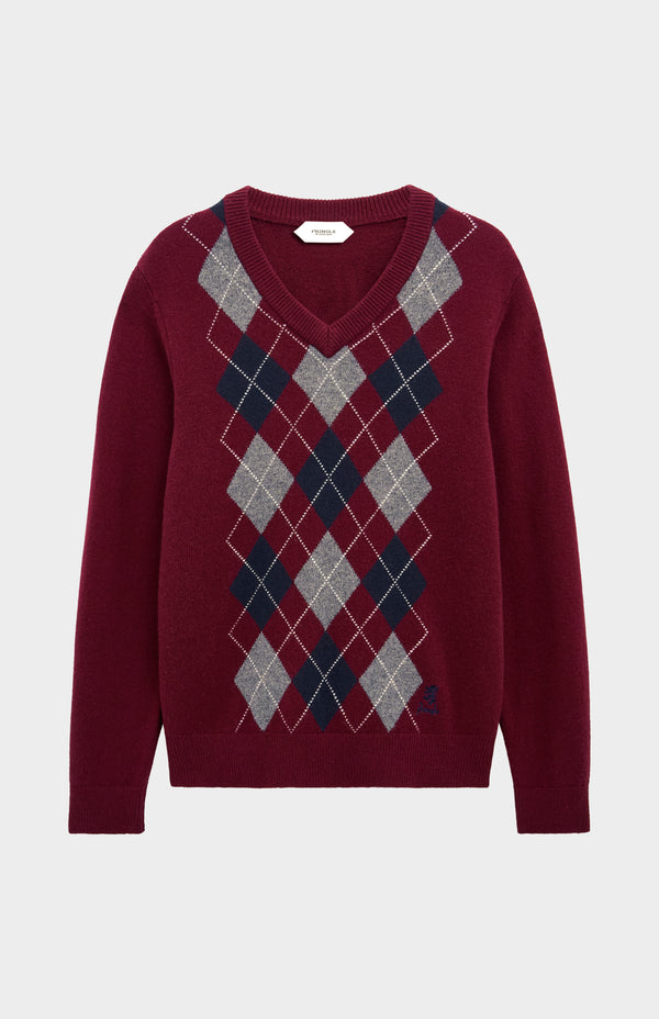 Pringle Of Scotland Men's Kessock V-neck Supersoft Lambswool Argyle Jumper In Burgundy/ Navy / Grey