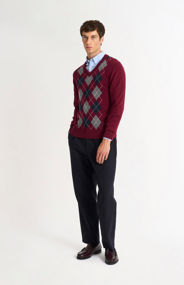 Pringle Of Scotland Men's Kessock V-neck Supersoft Lambswool Argyle Jumper In Burgundy/ Navy / Grey