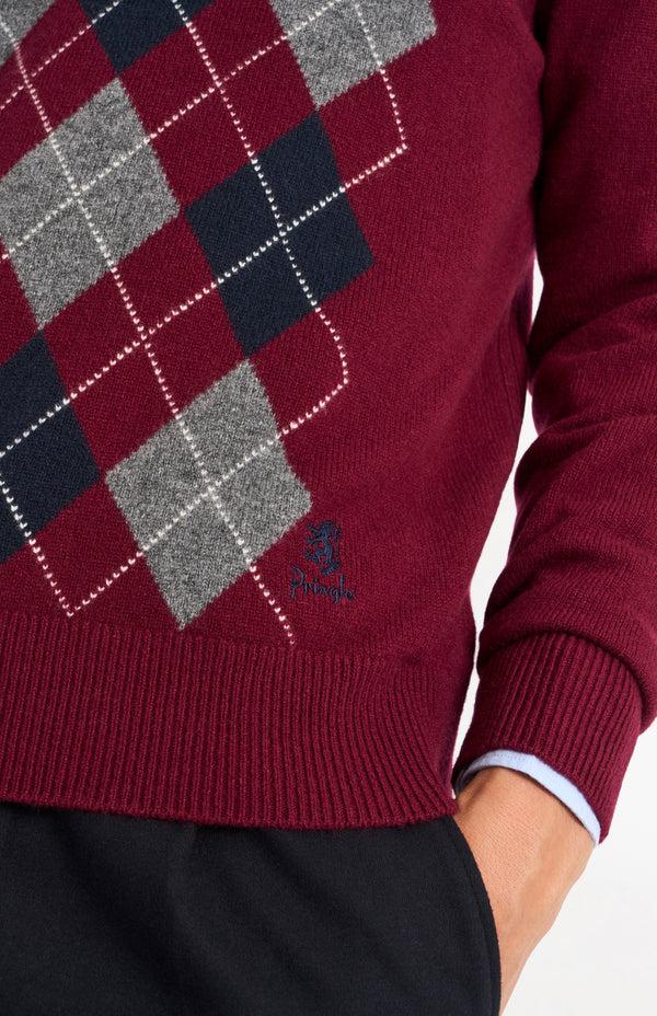 Pringle Of Scotland Men's Kessock V-neck Supersoft Lambswool Argyle Jumper In Burgundy/ Navy / Grey