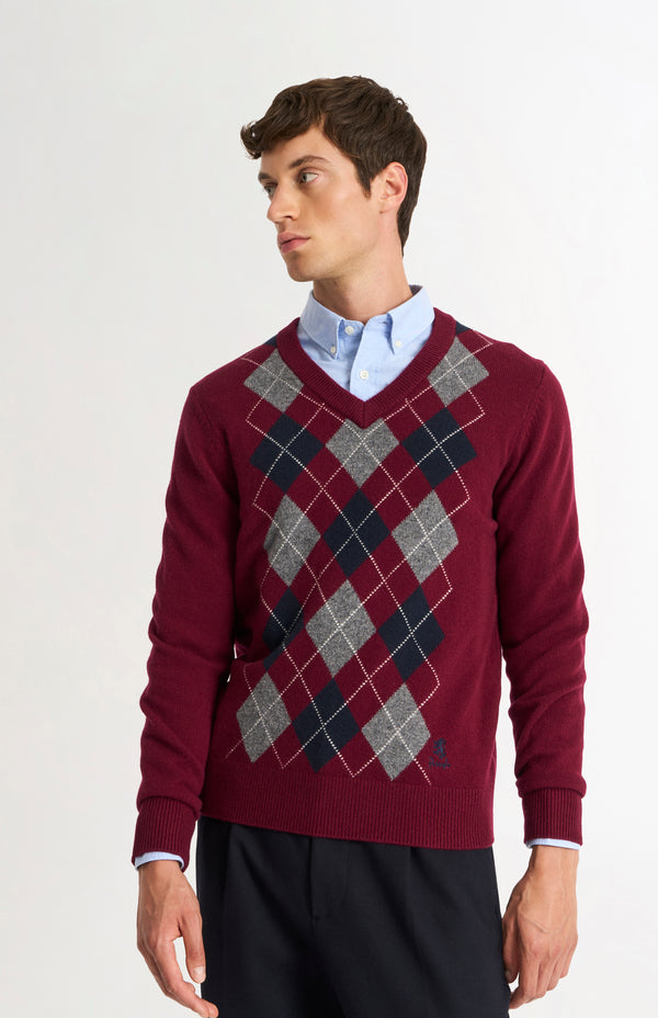 pringle of scotland Men's Kessock V-neck Supersoft Lambswool Argyle Jumper In Burgundy/ Navy / Grey