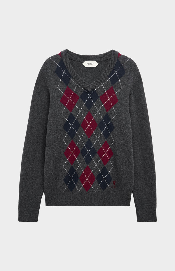 Pringle Of Scotland Men's Kessock V-neck Supersoft Lambswool Argyle Jumper In Charcoal / Burgundy / Navy