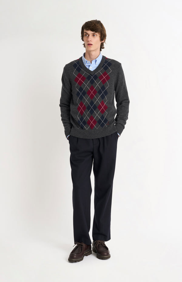 Pringle Of Scotland Men's Kessock V-neck Supersoft Lambswool Argyle Jumper In Charcoal / Burgundy / Navy